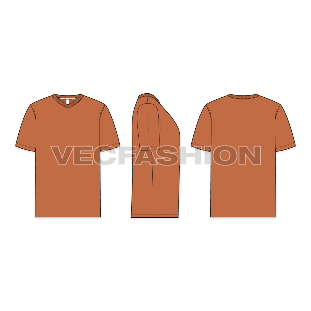 Mens v-neck template vector showing front, side and back views. 