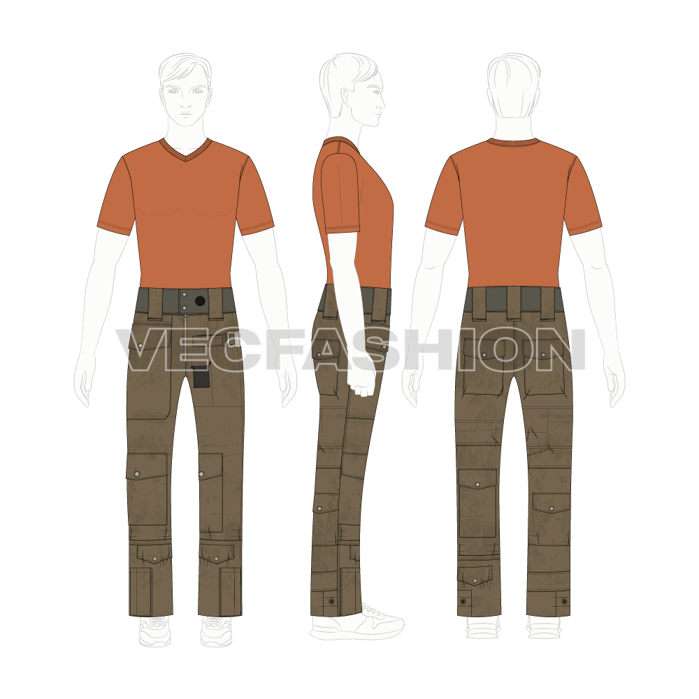 Mens junker pants flat sketch, on men body template