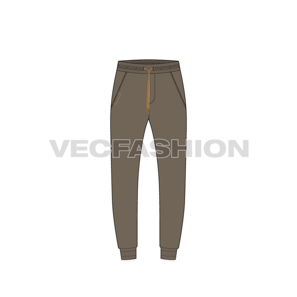Mens khaki jogger pants flat sketch, front view