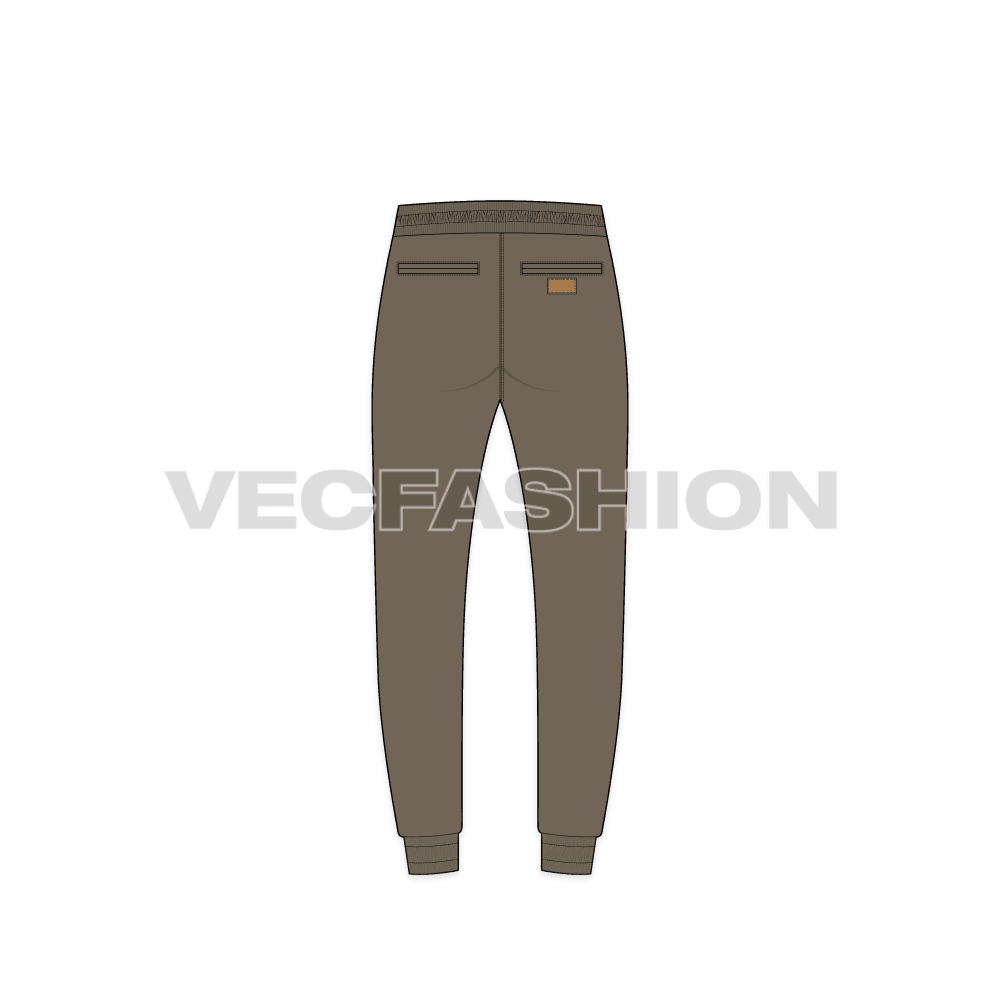 Mens khaki jogger pants flat sketch, back view