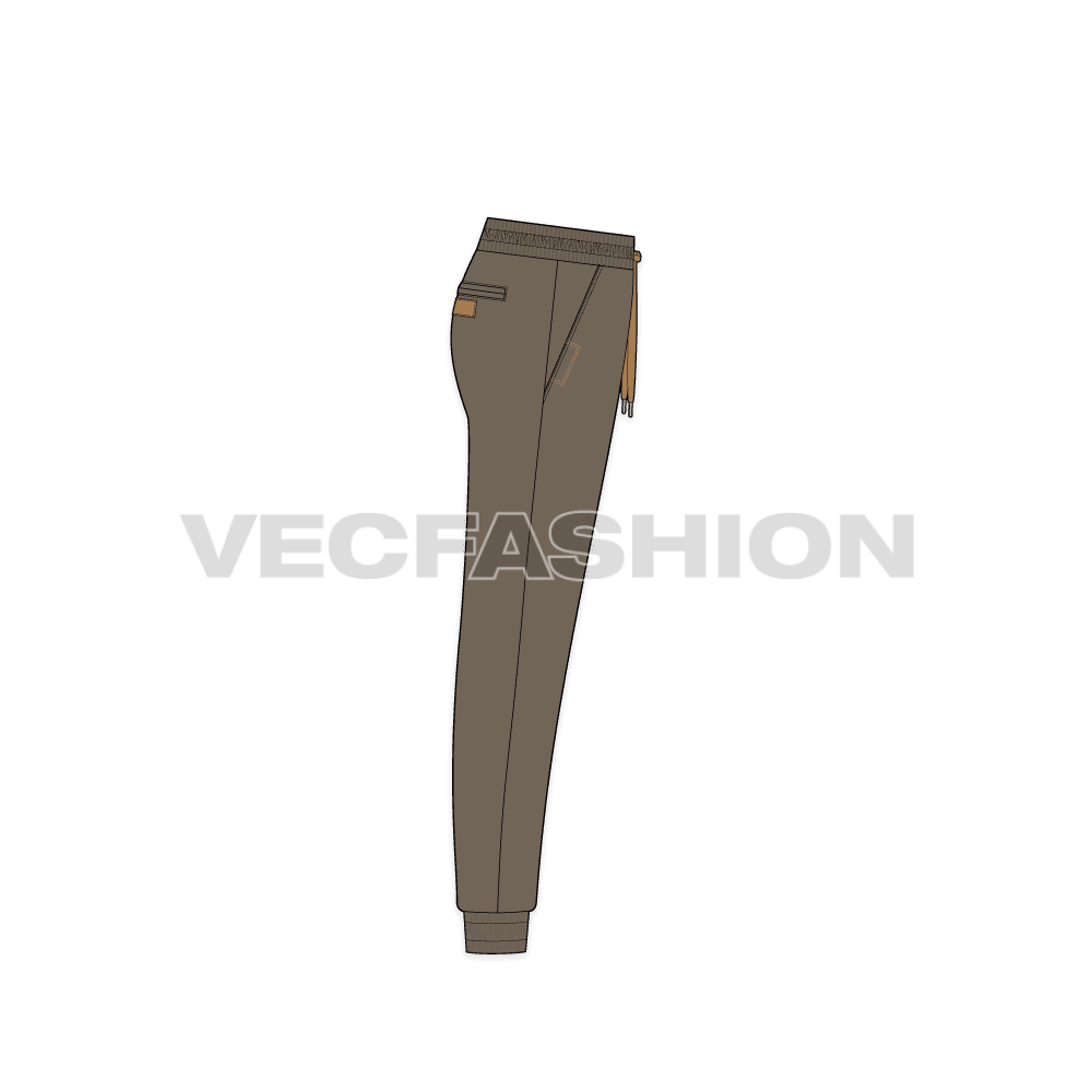 Mens khaki jogger pants flat sketch, side view