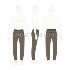Mens khaki jogger pants flat sketch, croqui sketch