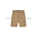 Mens khaki shorts with patch pockets flat sketch, front view