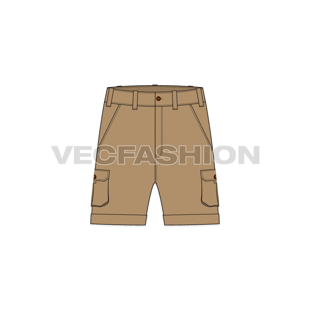 Mens khaki shorts with patch pockets flat sketch, front view