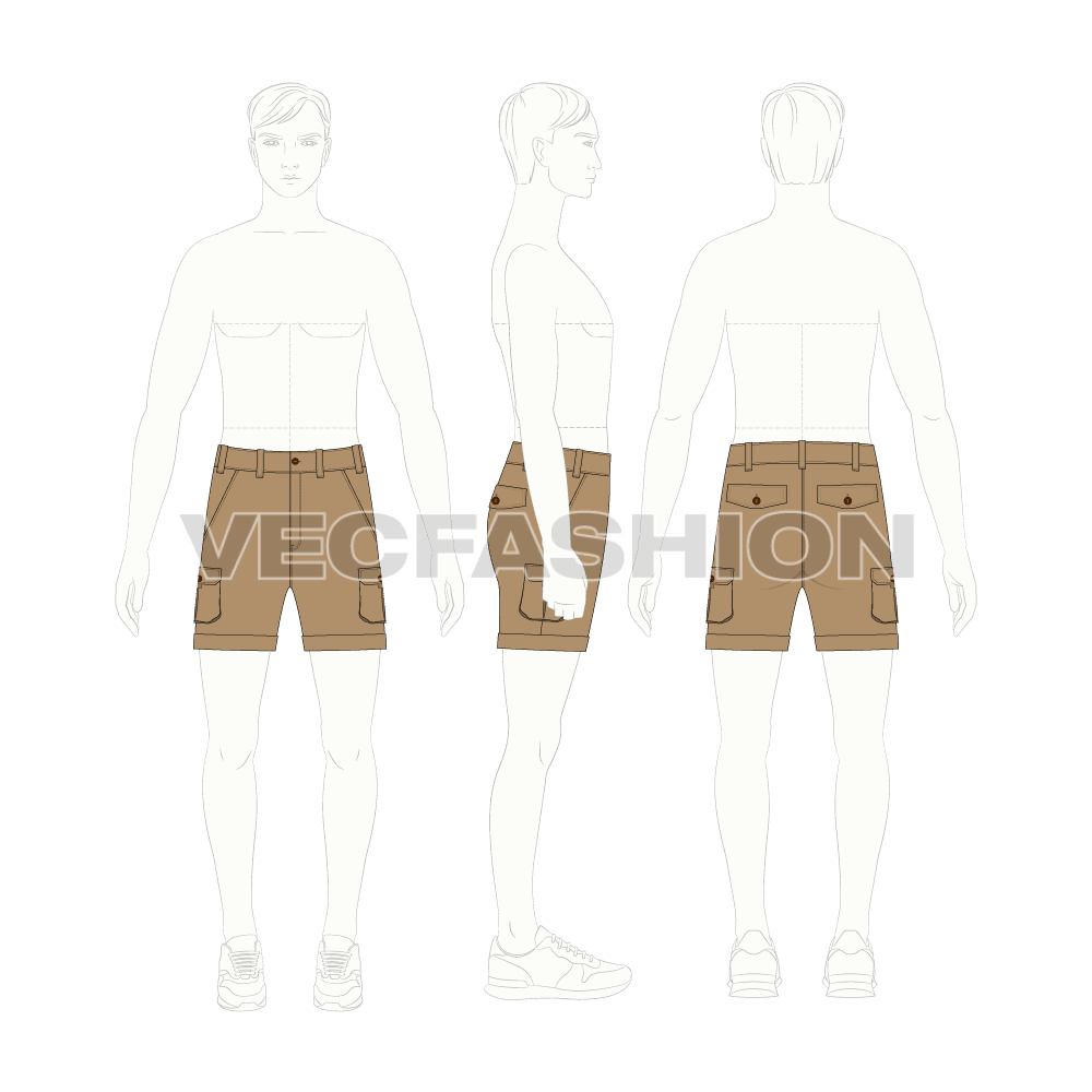 Mens khaki shorts with patch pockets flat sketch, croqui sketch