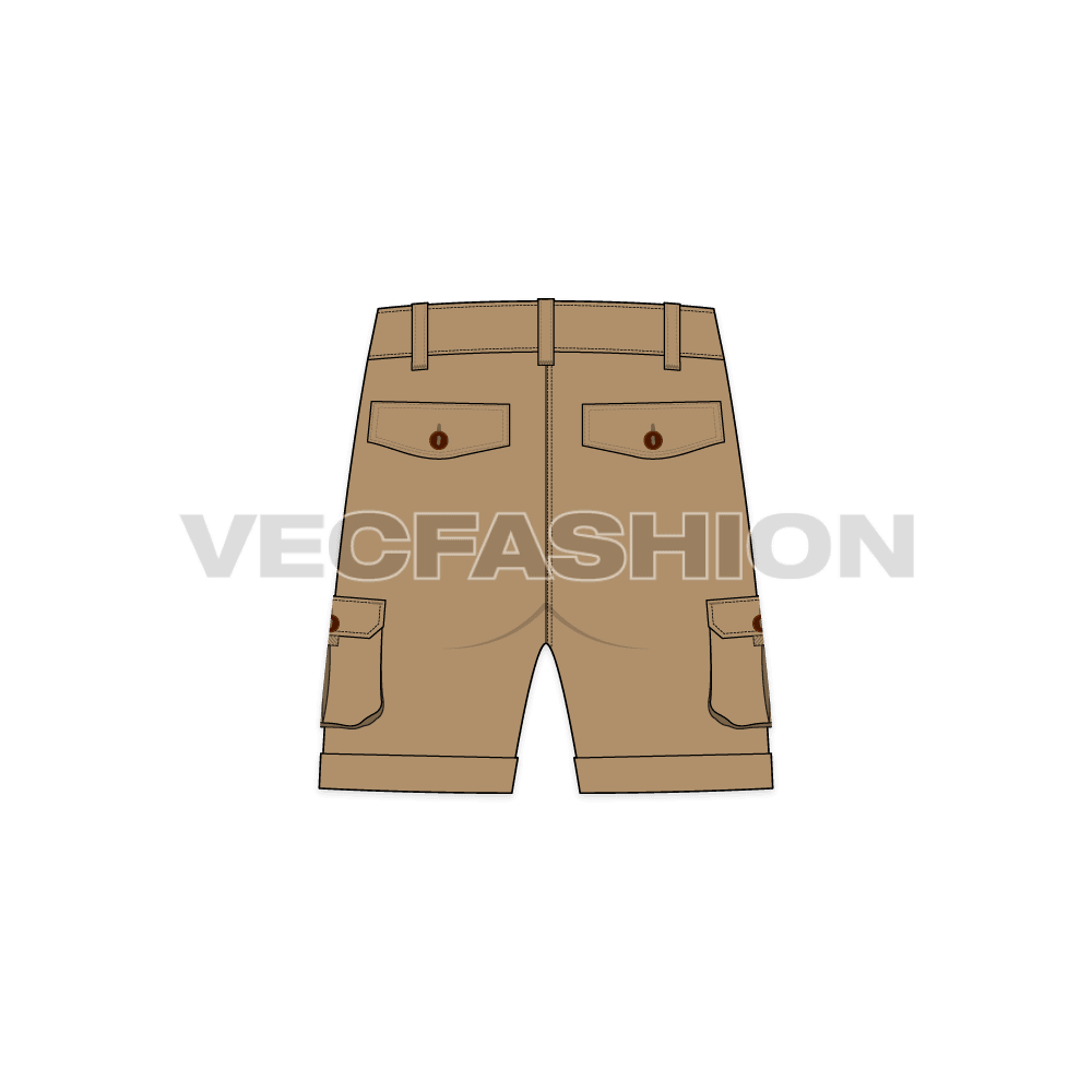 Mens khaki shorts with patch pockets flat sketch, back view