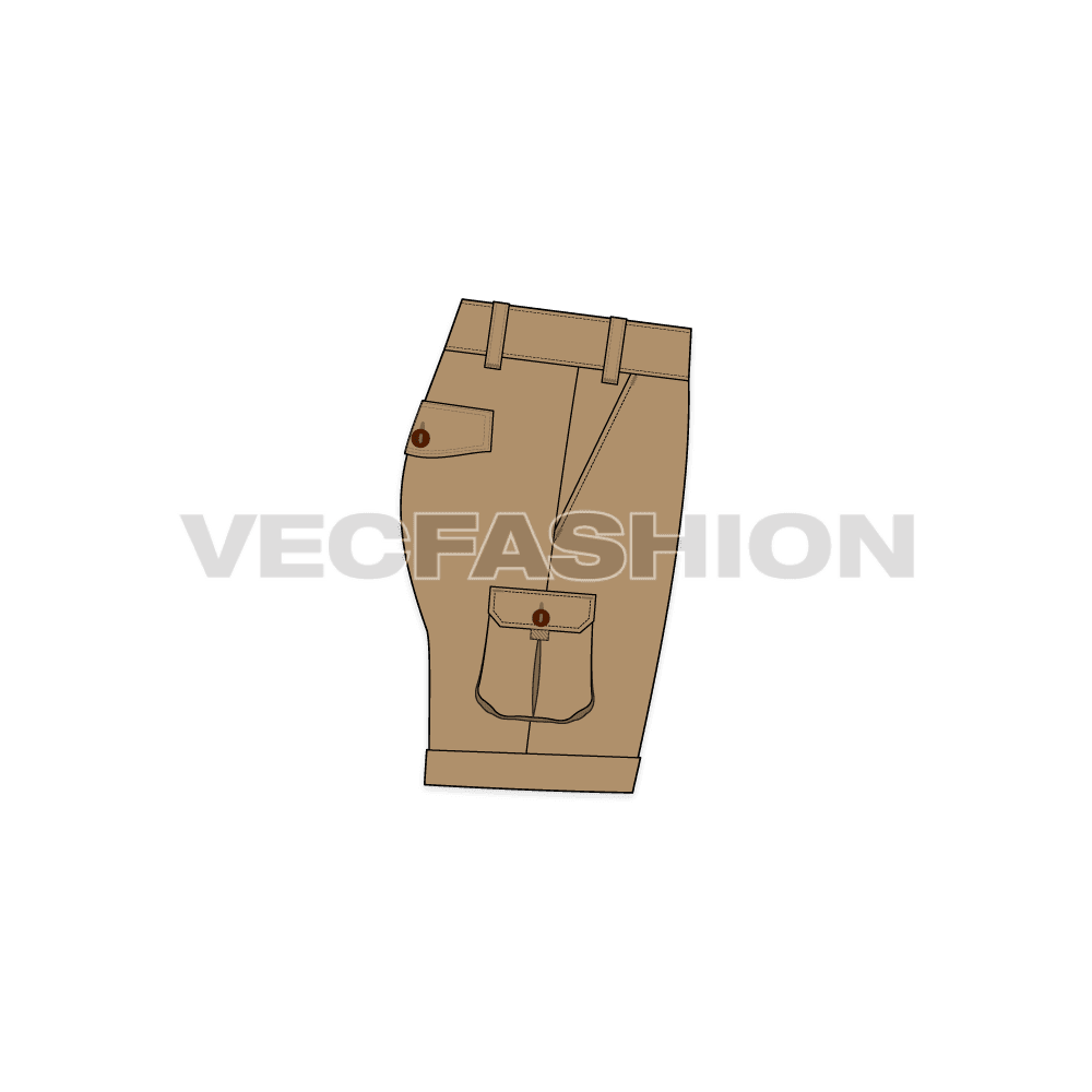 Mens khaki shorts with patch pockets flat sketch, side view