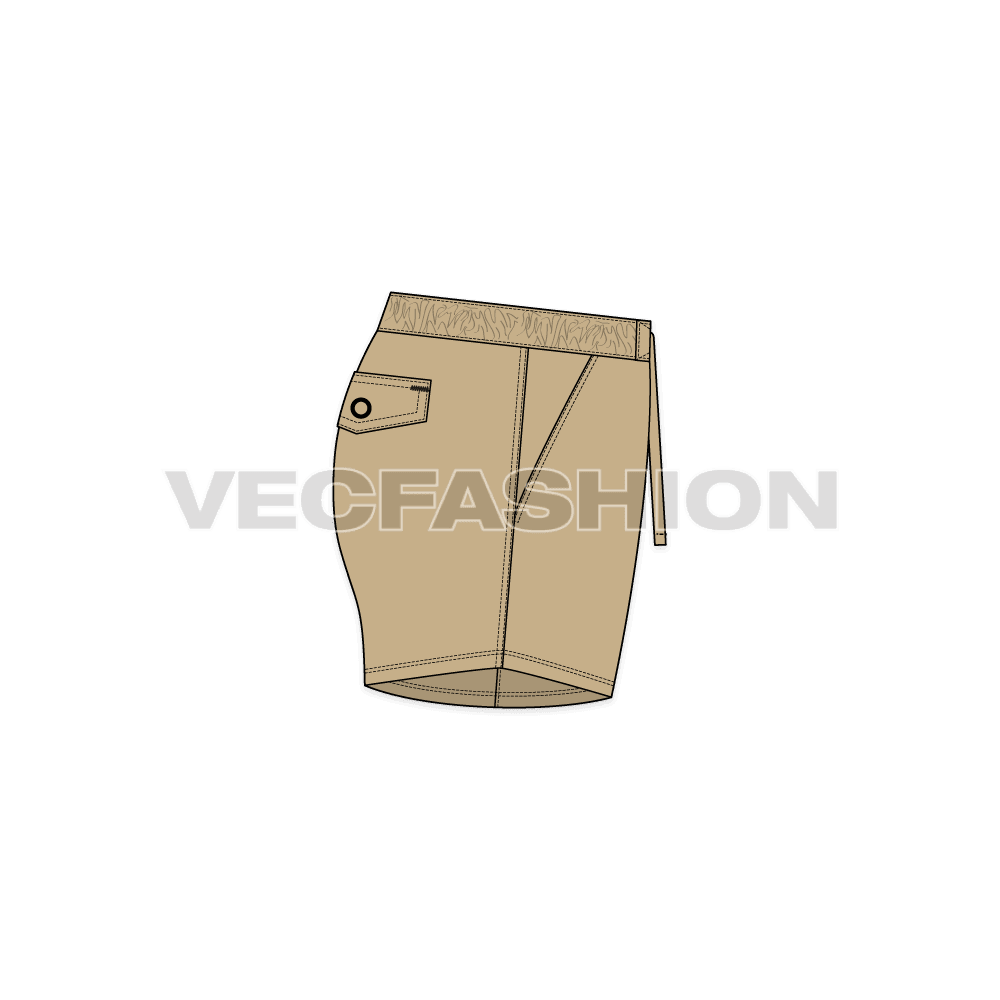 Mens khaki swim shorts flat sketch, side view