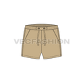 Mens khaki swim shorts flat sketch, front view