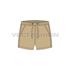 Mens khaki swim shorts flat sketch, front view