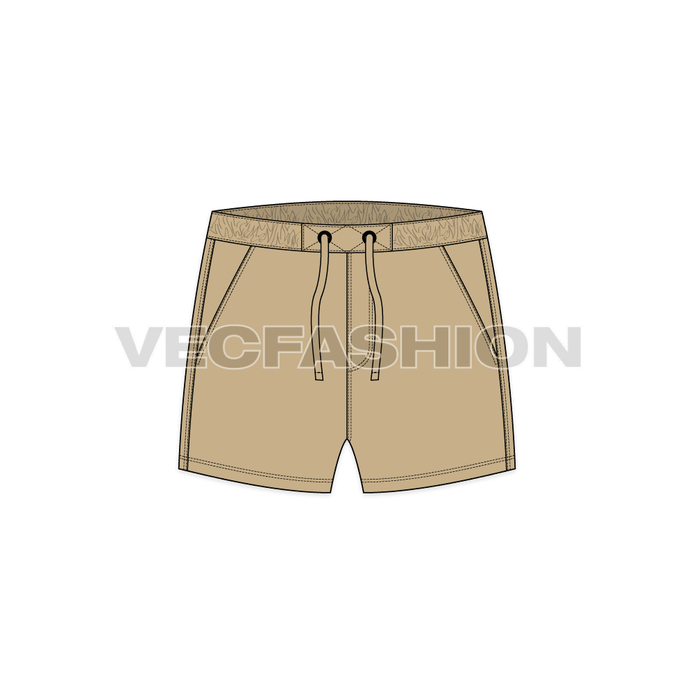 Mens khaki swim shorts flat sketch, front view