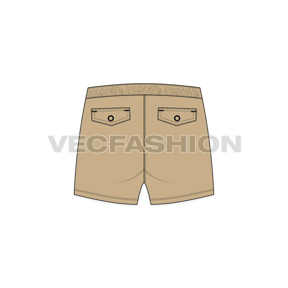 Mens khaki swim shorts flat sketch, back view