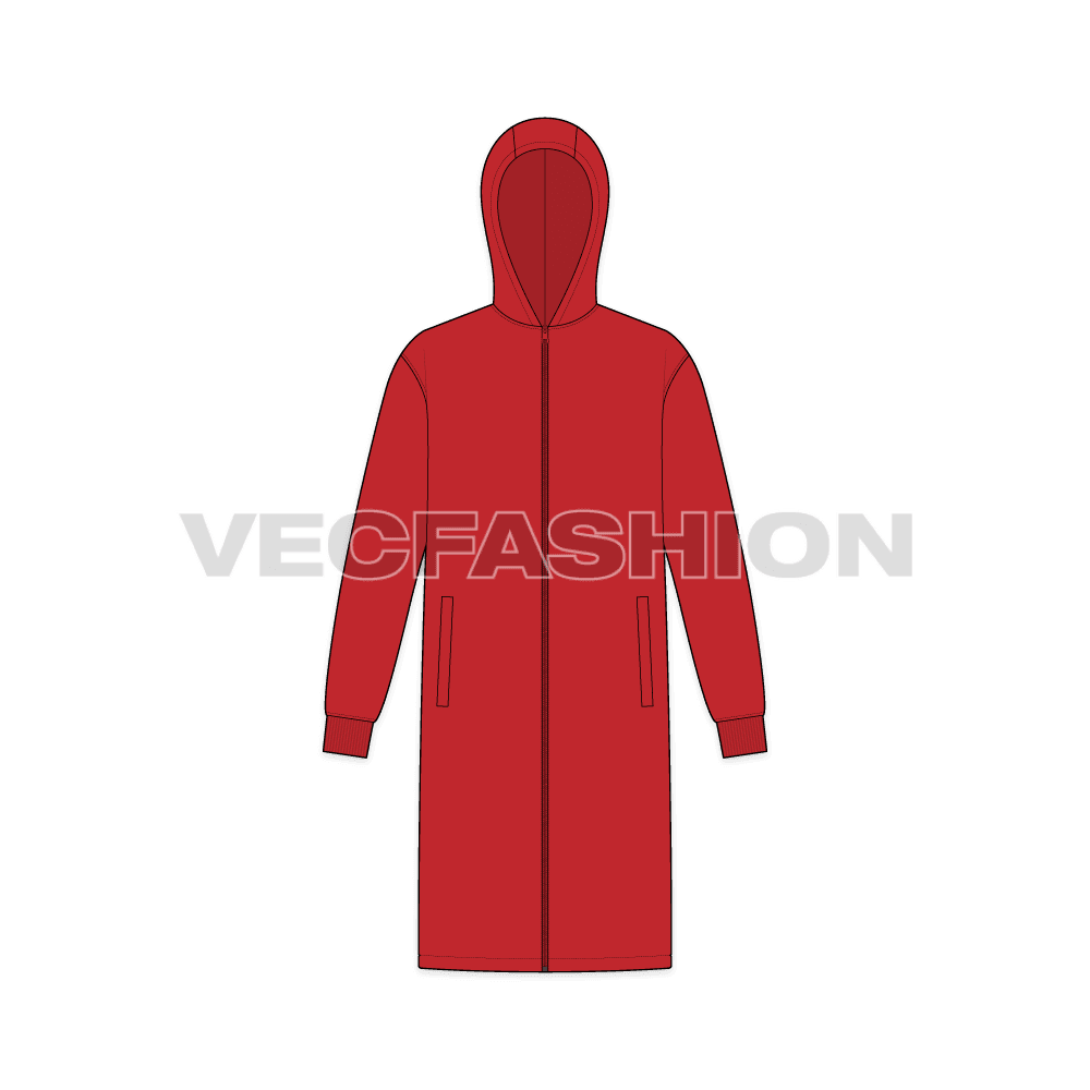 Mens Knee Length Windbreaker flat sketch, front view