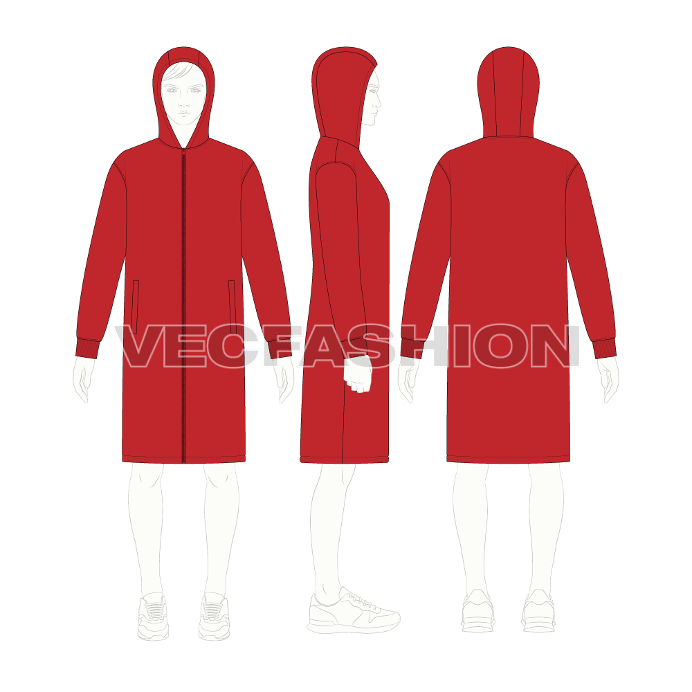 Mens Knee Length Windbreaker flat sketch, croqui sketch