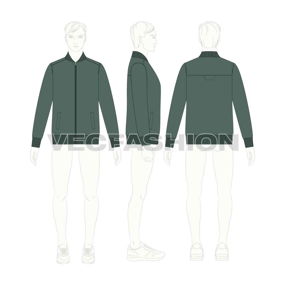 Mens Knitted Bomber Jacket flat sketch, croqui sketch