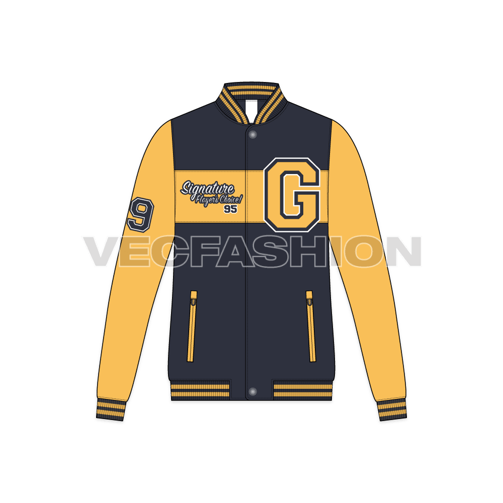 Mens lettermans jacket flat sketch, front view