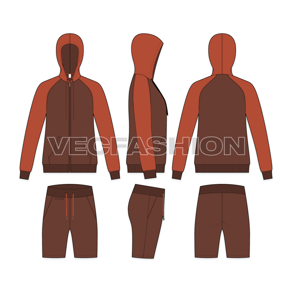 Mens light weight tracksuit flat sketch, showing all views, front, side and back