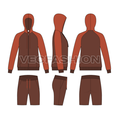Mens light weight tracksuit flat sketch, showing all views, front, side and back