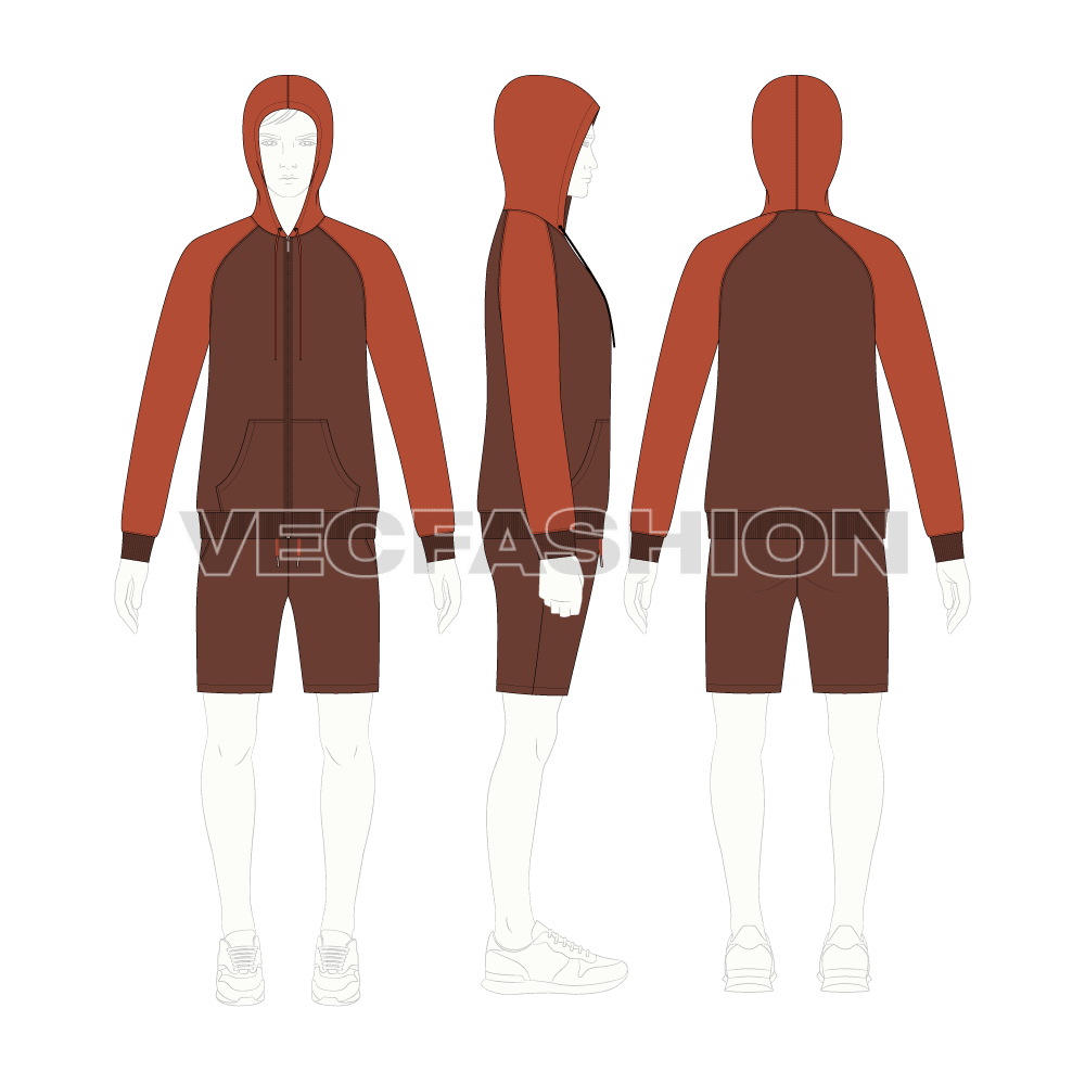 Mens light weight tracksuit flat sketch, on croqui