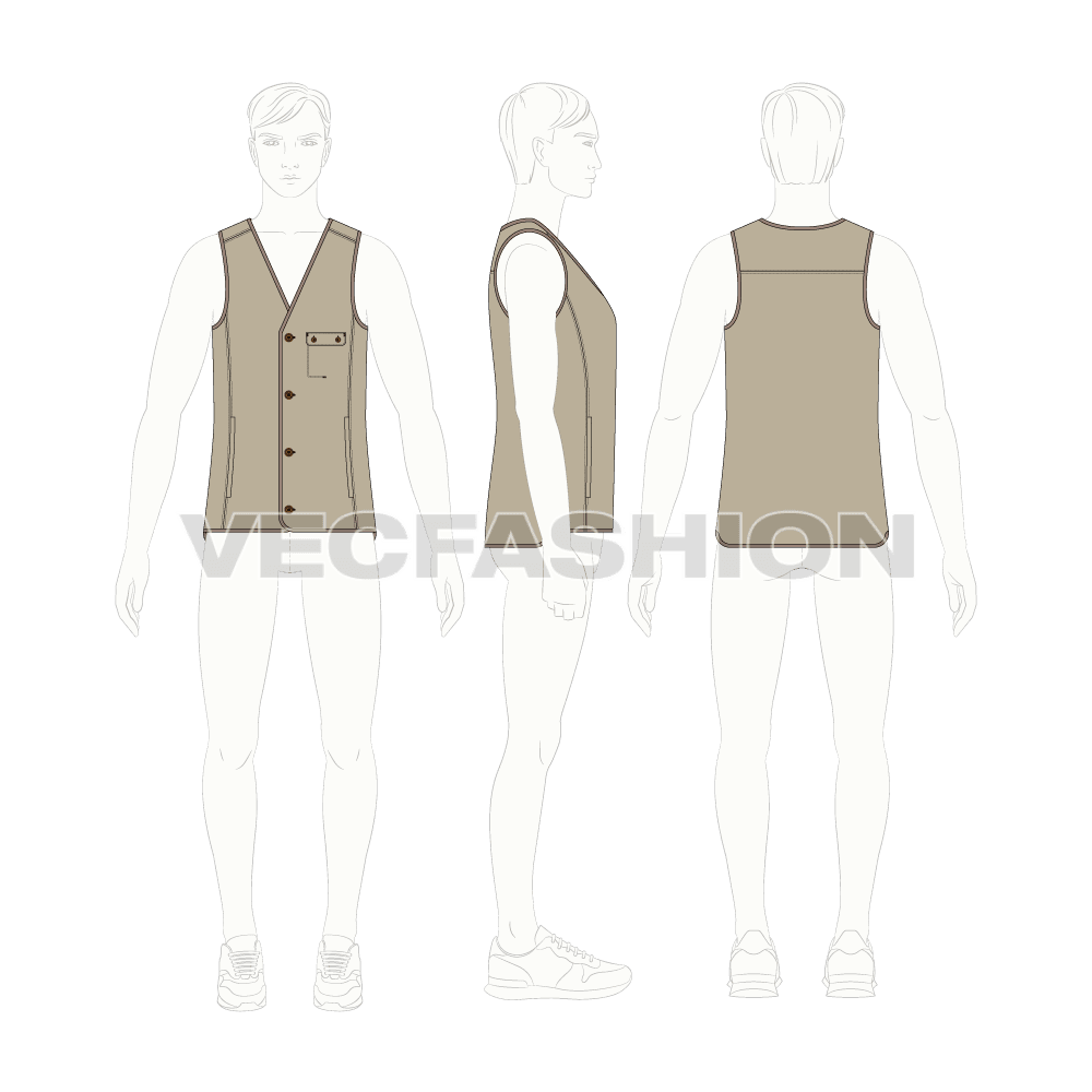 Mens light weight warmer vest flat sketch, croqui sketch
