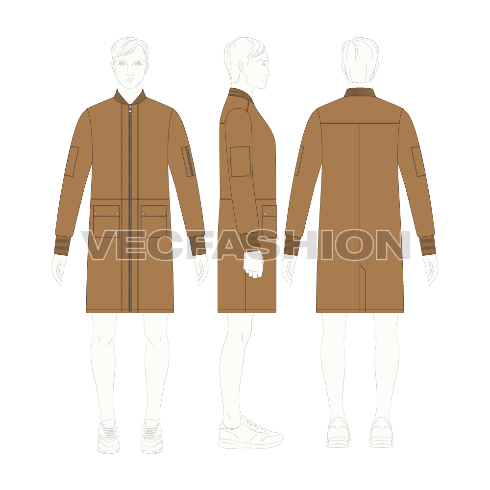 Mens Long Bomber Jacket flat sketch, croqui sketch