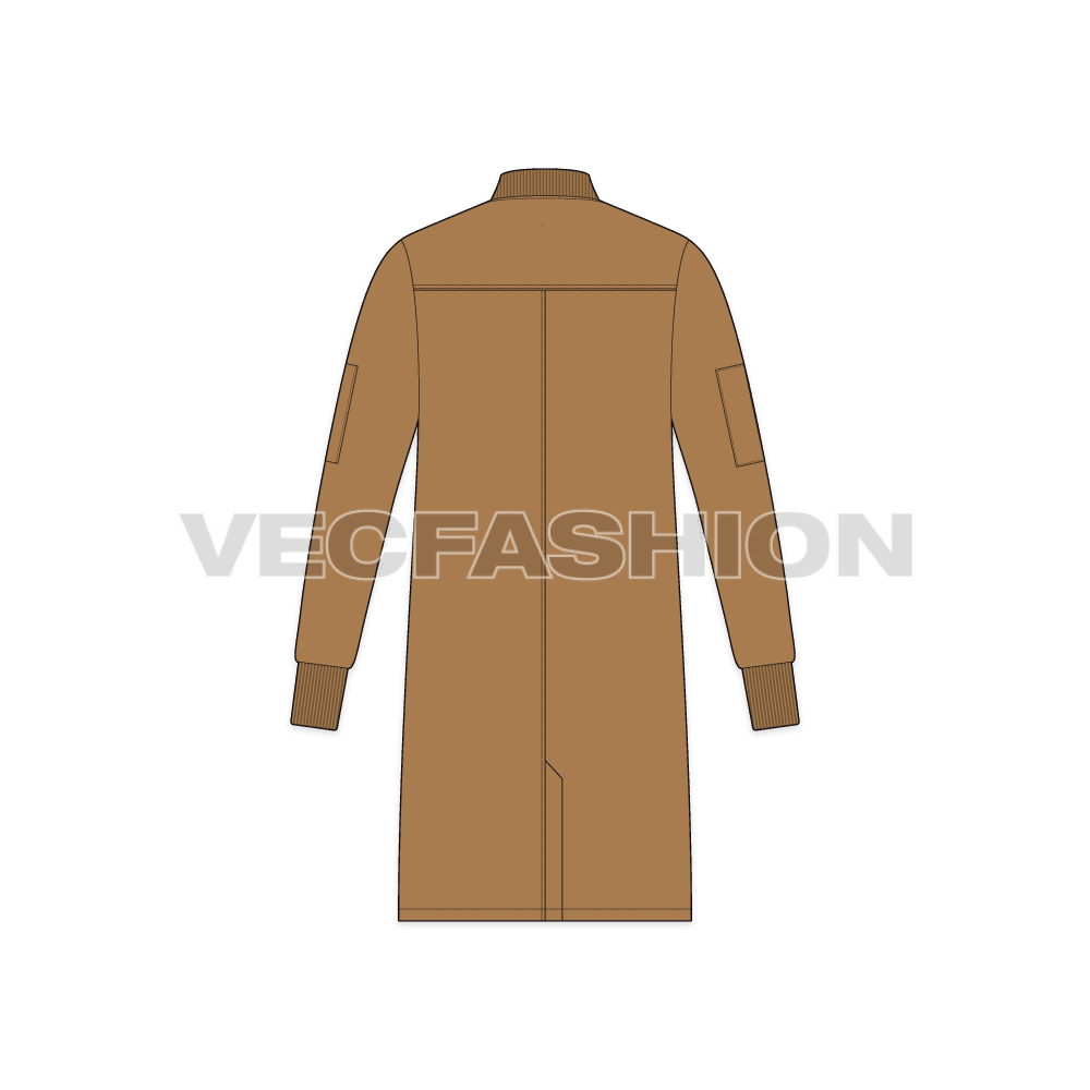 Mens Long Bomber Jacket flat sketch, back view