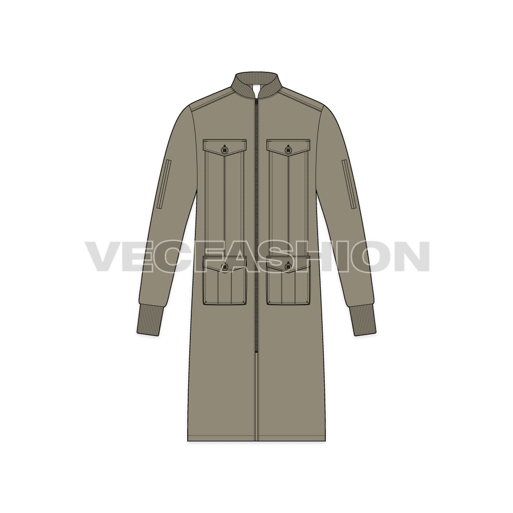 Mens Long Bomber Jacket flat sketch, front view
