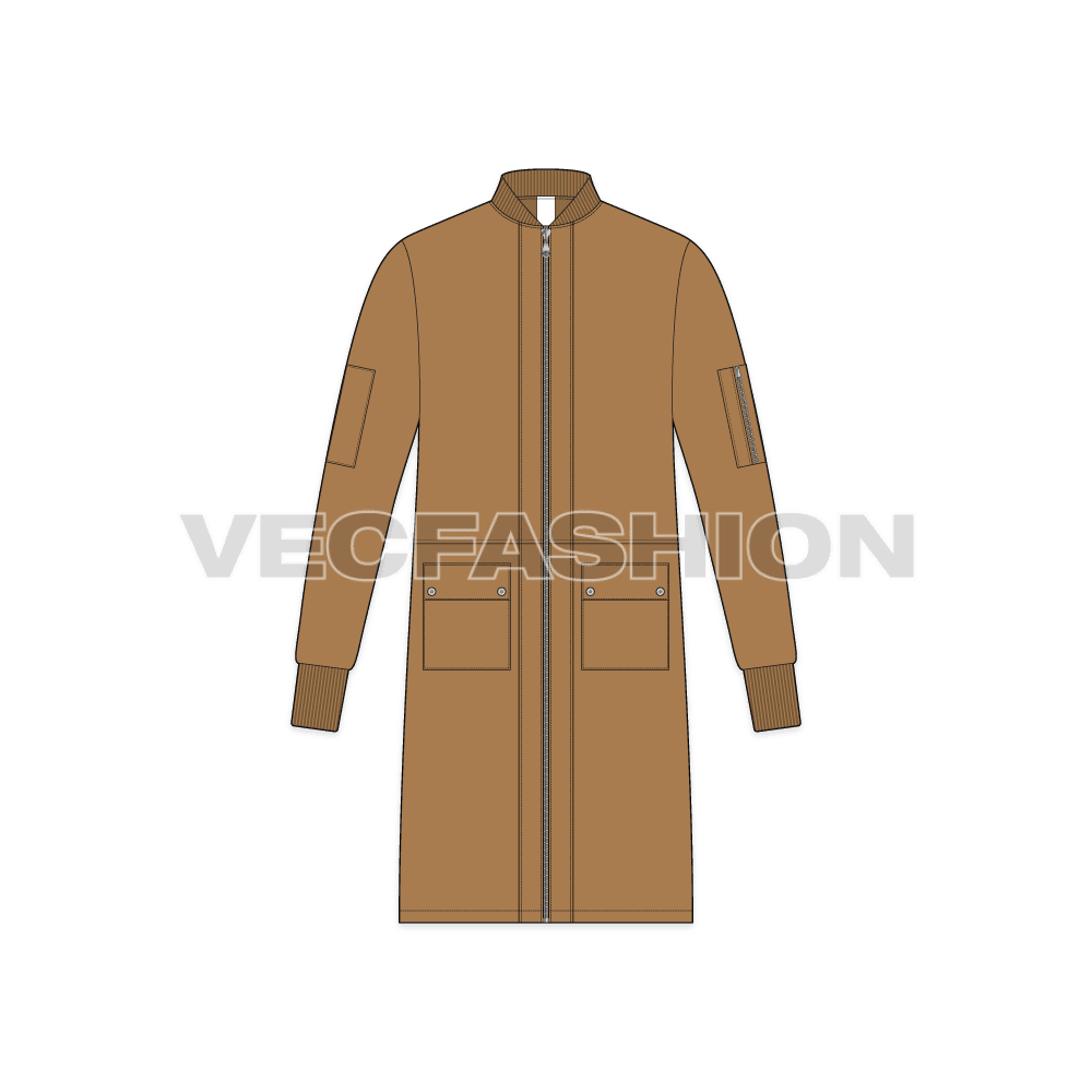 Mens Long Bomber Jacket flat sketch, front view