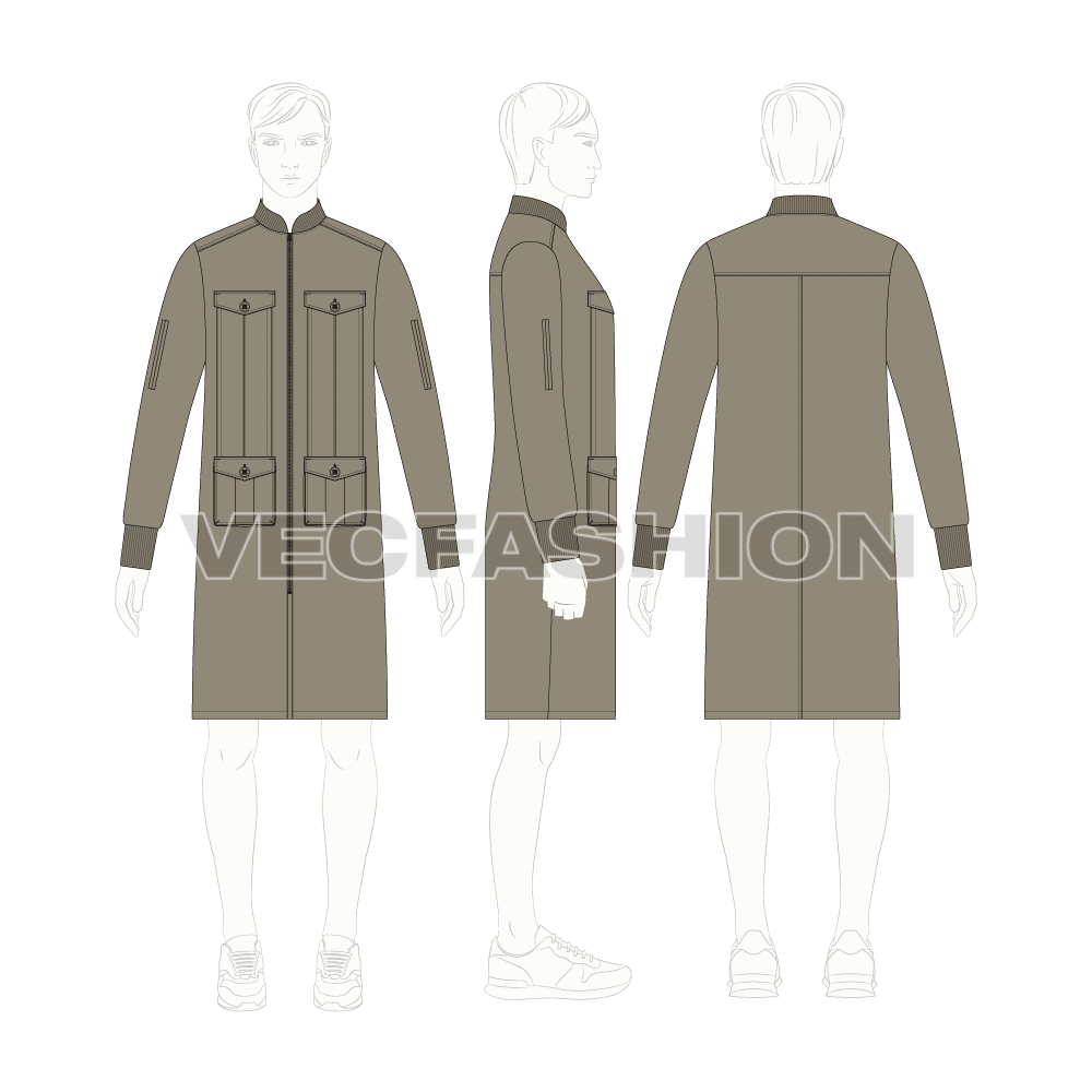 Mens Long Bomber Jacket flat sketch, croqui sketch