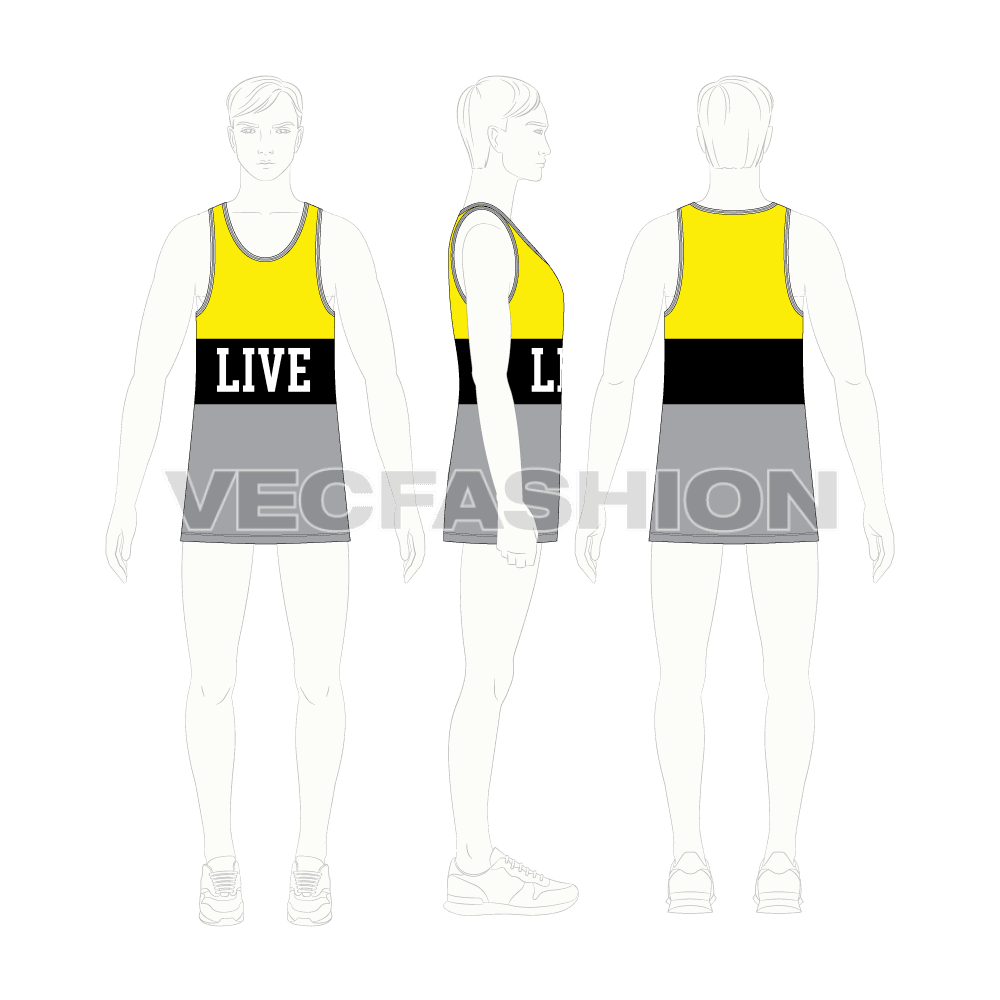 Mens long length lose fit gym tank flat sketch, croqui sketch