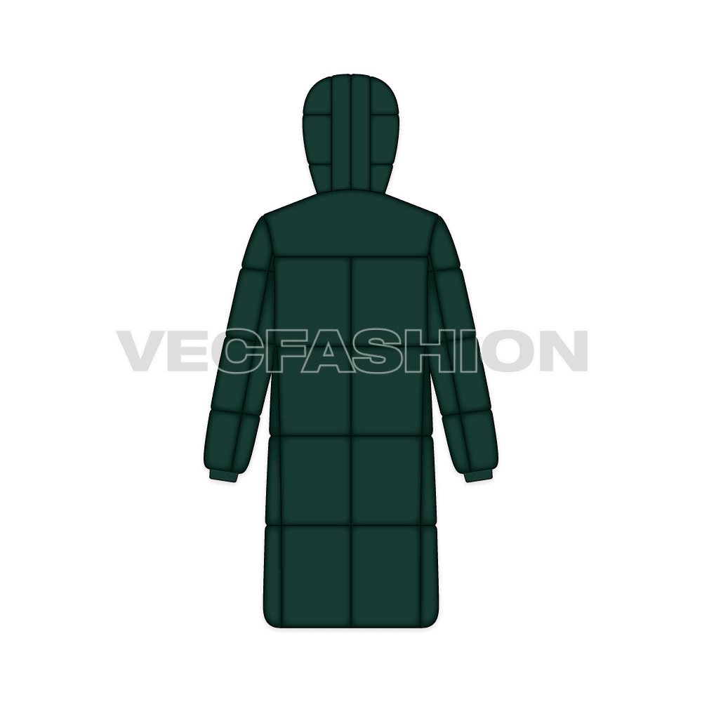 Mens Long Length Puffer Coat flat sketch, back view