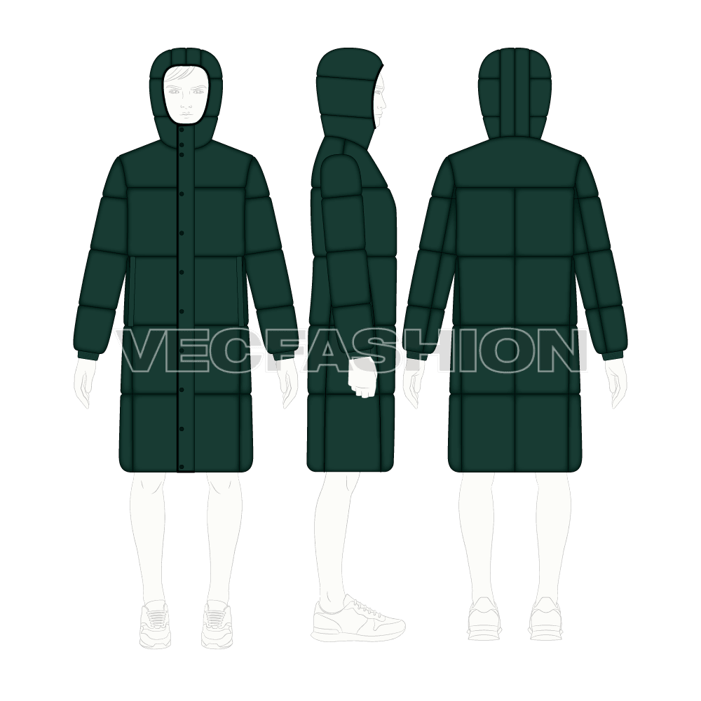 Mens Long Length Puffer Coat flat sketch, croqui sketch