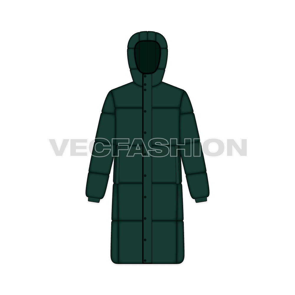 Mens Long Length Puffer Coat flat sketch, front view
