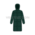 Mens Long Length Puffer Coat flat sketch, front view