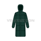 Mens Long Length Puffer Coat flat sketch, front view
