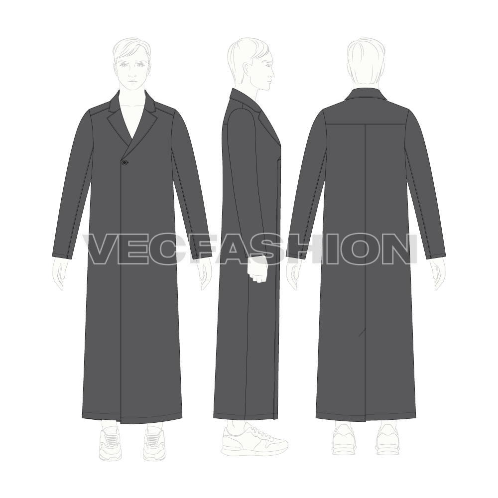 Mens Long Over Coat flat sketch, croqui sketch