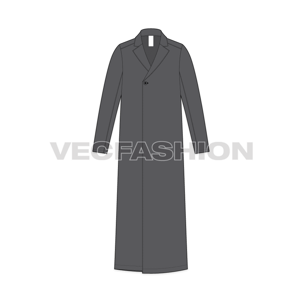 Mens Long Over Coat flat sketch, front view