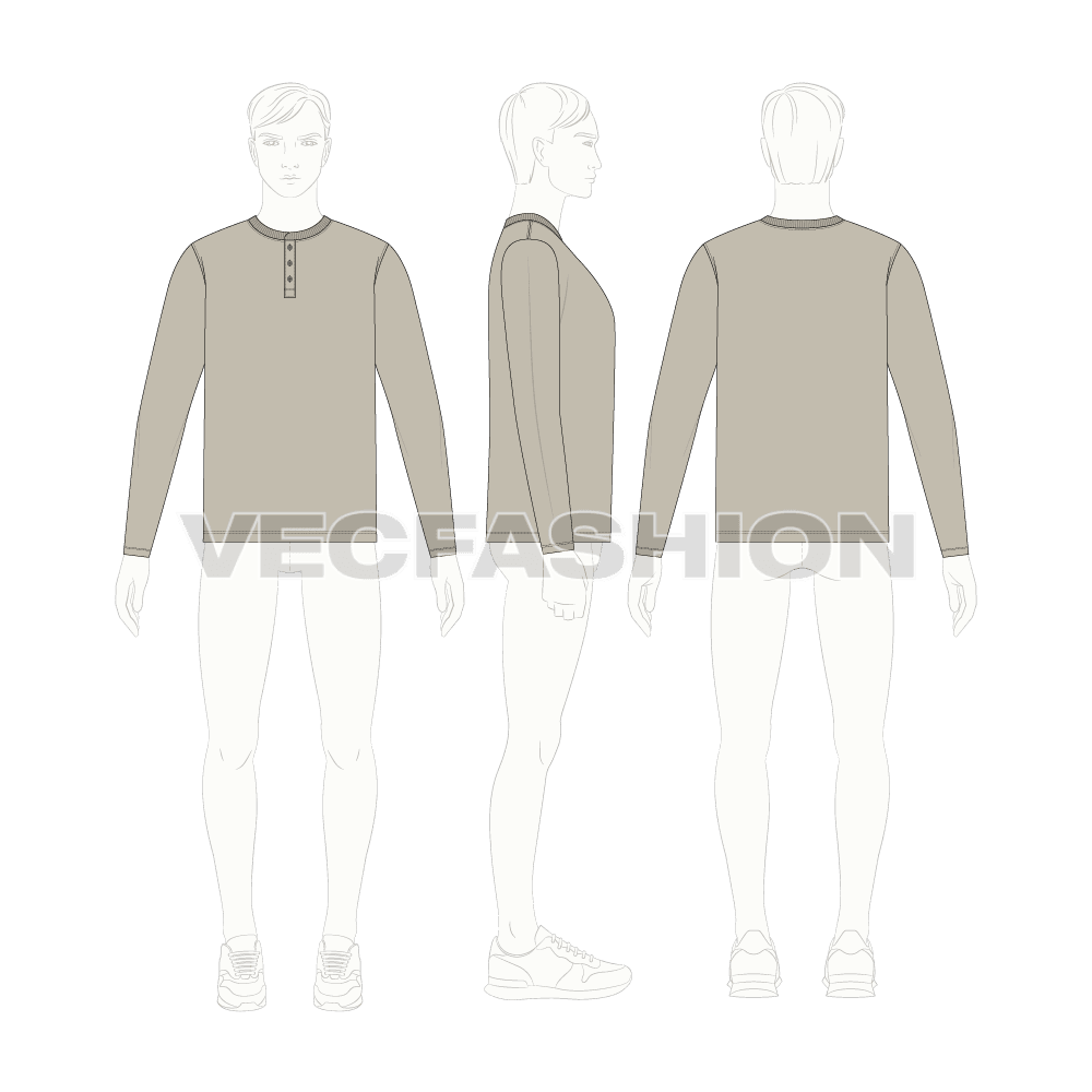 Mens long sleeved henley neck shirt flat sketch, croqui sketch