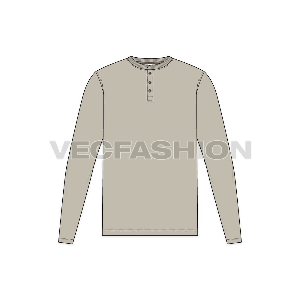 Mens long sleeved henley neck shirt flat sketch, front view