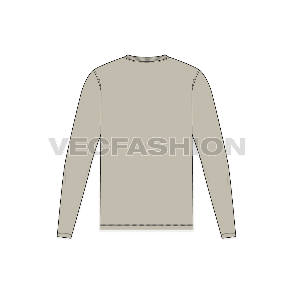 Mens long sleeved henley neck shirt flat sketch, back view