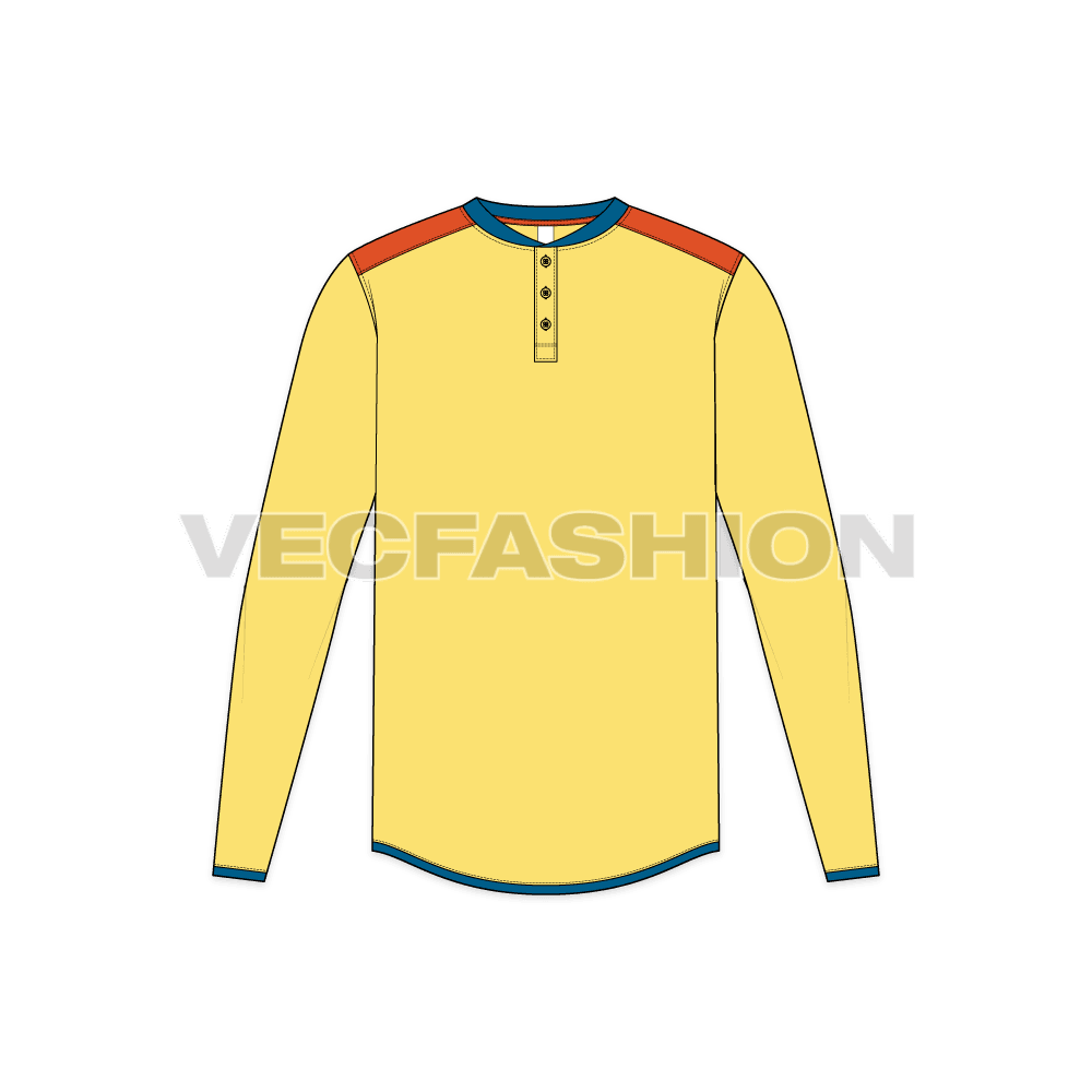 Mens long sleeved henley neck tee flat sketch, front view