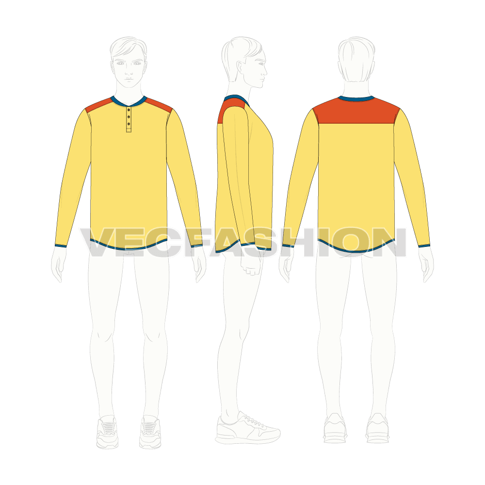 Mens long sleeved henley neck tee flat sketch, croqui sketch