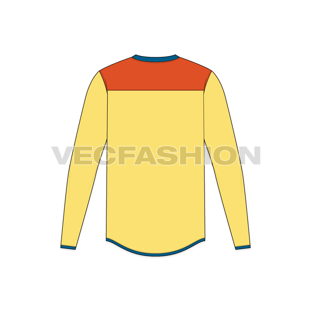 Mens long sleeved henley neck tee flat sketch, back view