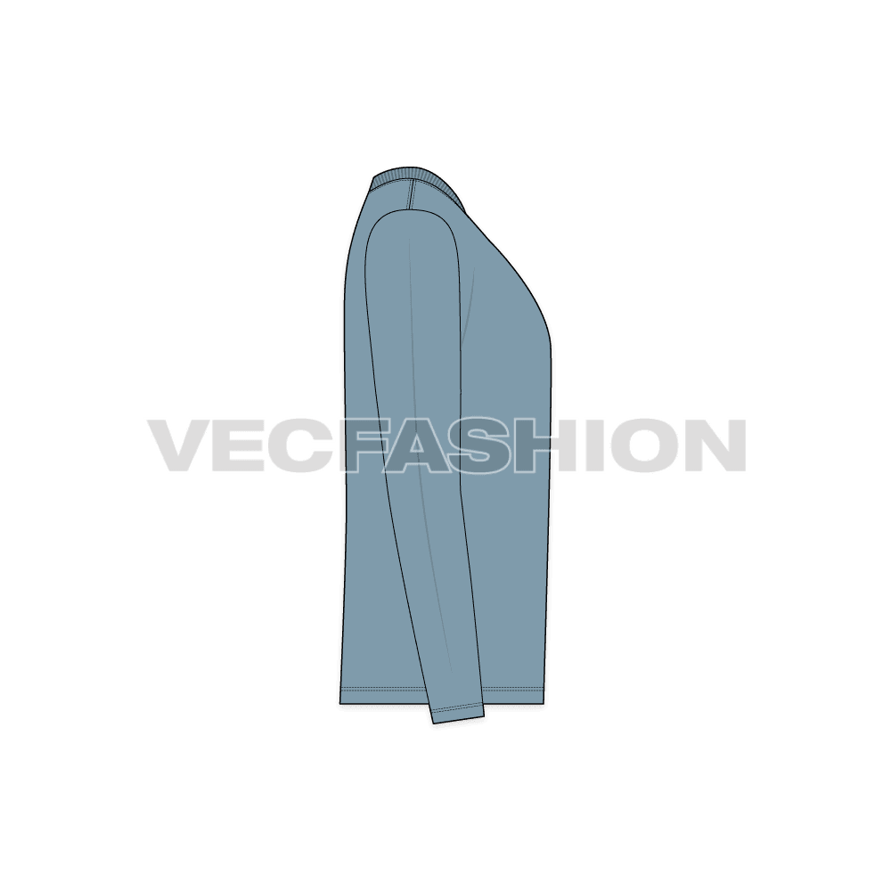 Mens long sleeved round neck shirt flat sketch, side view