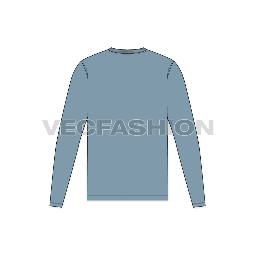 Mens long sleeved round neck shirt flat sketch, back view
