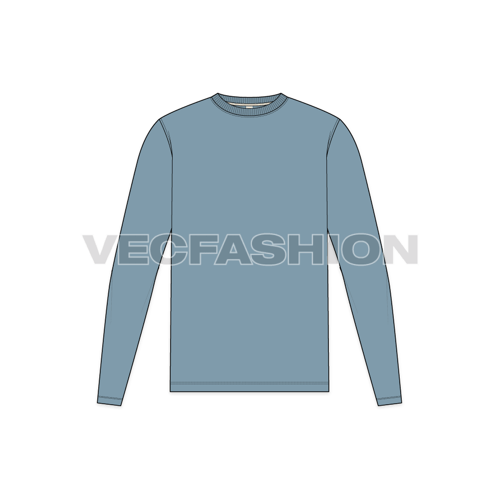 Mens long sleeved round neck shirt flat sketch, front view