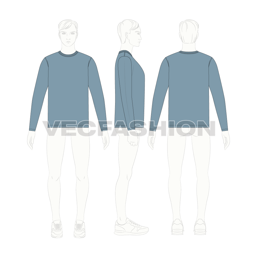 Mens long sleeved round neck shirt flat sketch, croqui sketch