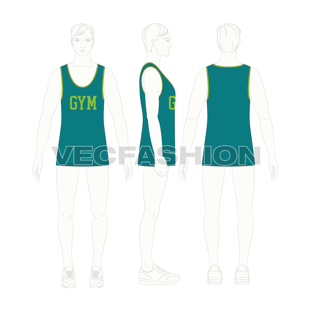 Mens lose fit gym tank, contrast binding flat sketch, croqui sketch