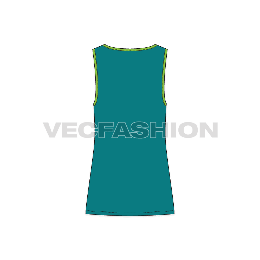 Mens lose fit gym tank, contrast binding flat sketch, back view