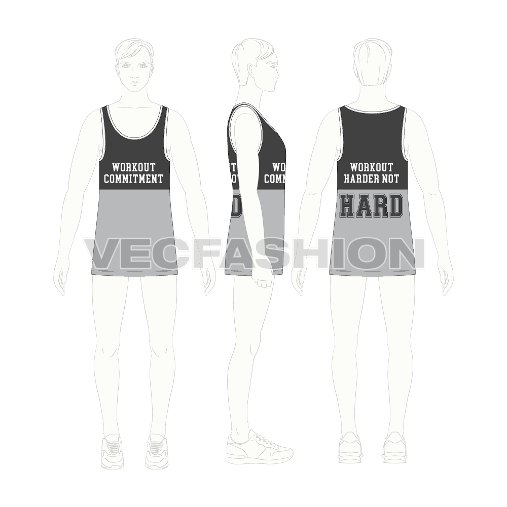 Mens lose fit gym tank, panels flat sketch, croqui sketch
